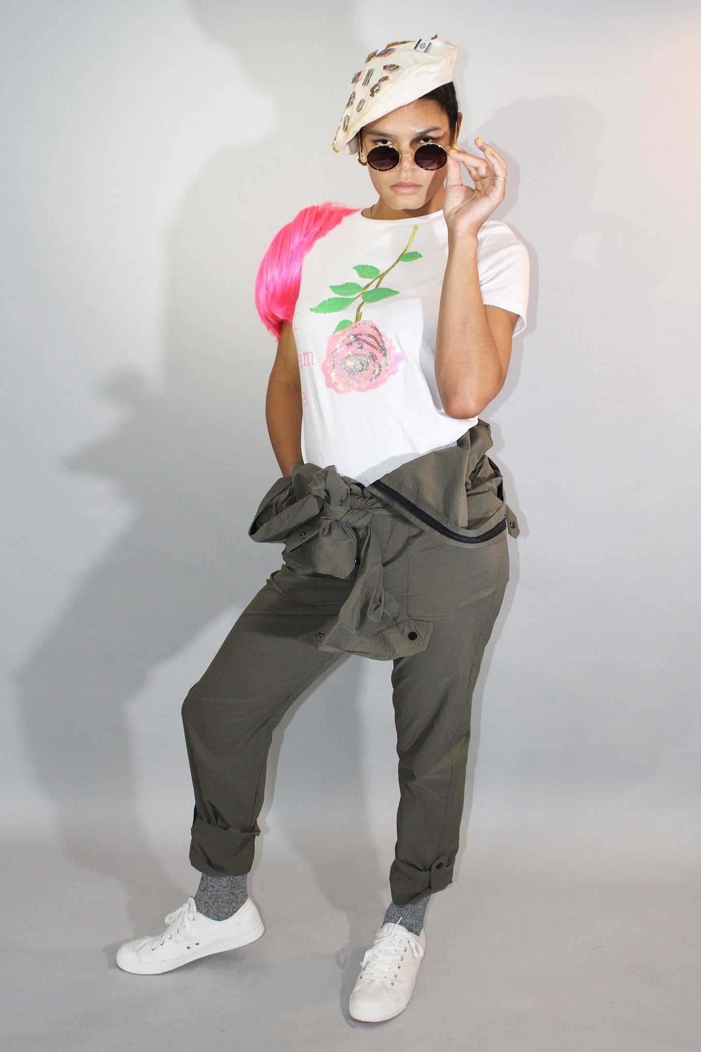 Beautiful Monster T-shirt with Pink Sequin Rose and THE WILDE in Olive Seersucker