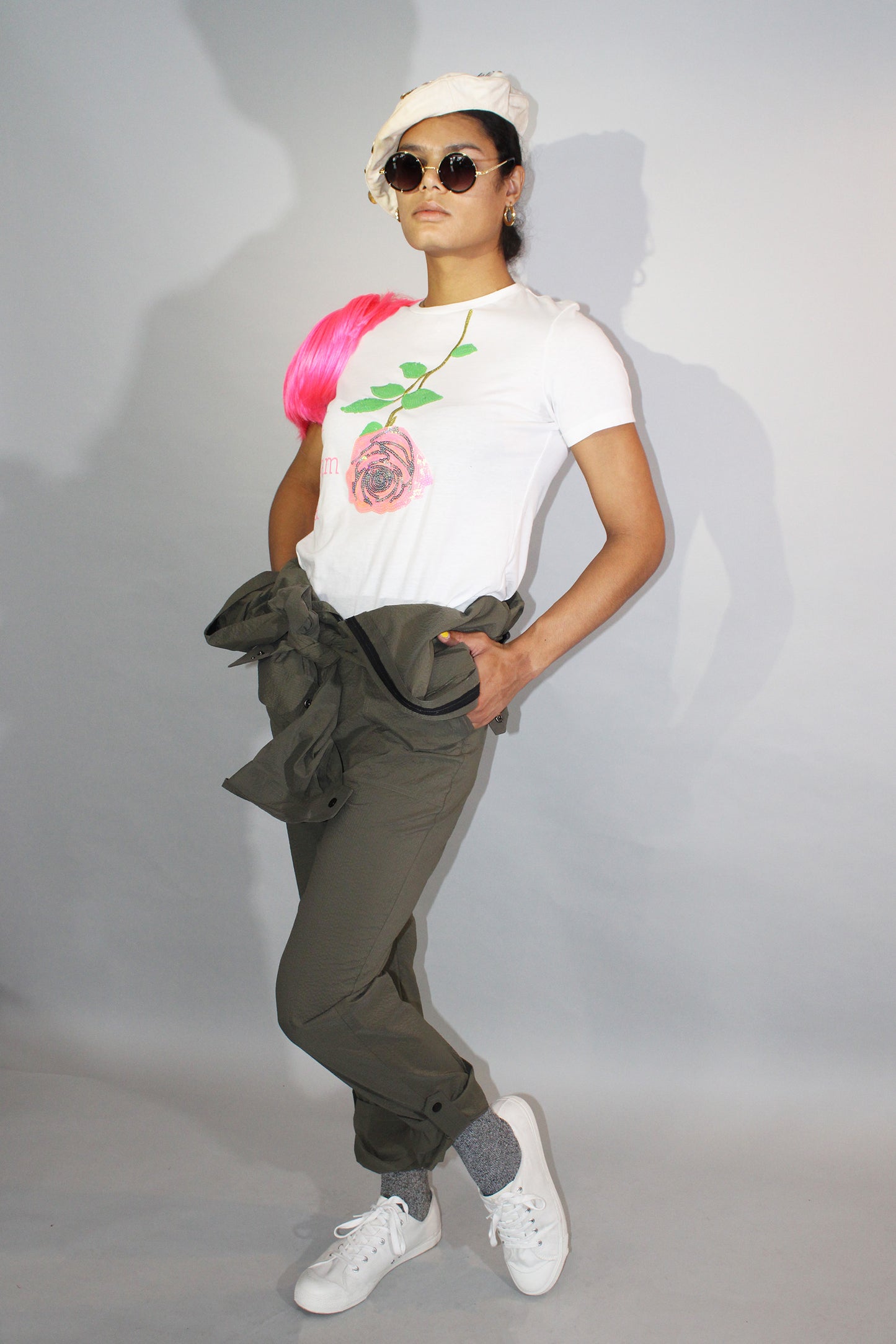 Beautiful Monster T-shirt with Pink Sequin Rose and THE WILDE in Olive Seersucker