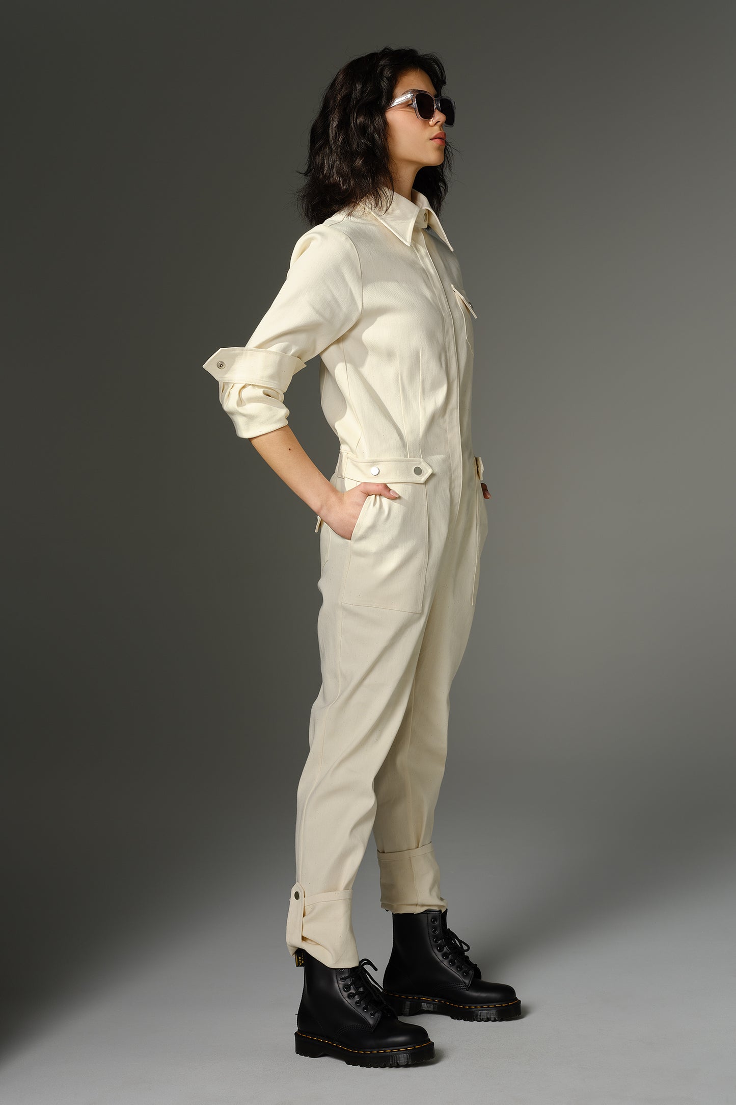 THE FEMININE WILDE Jumpsuit - Long Sleeve in Cream Stretch Denim