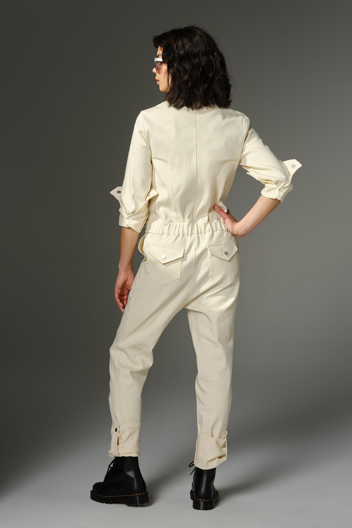 THE FEMININE WILDE Jumpsuit - Long Sleeve in Cream Stretch Denim