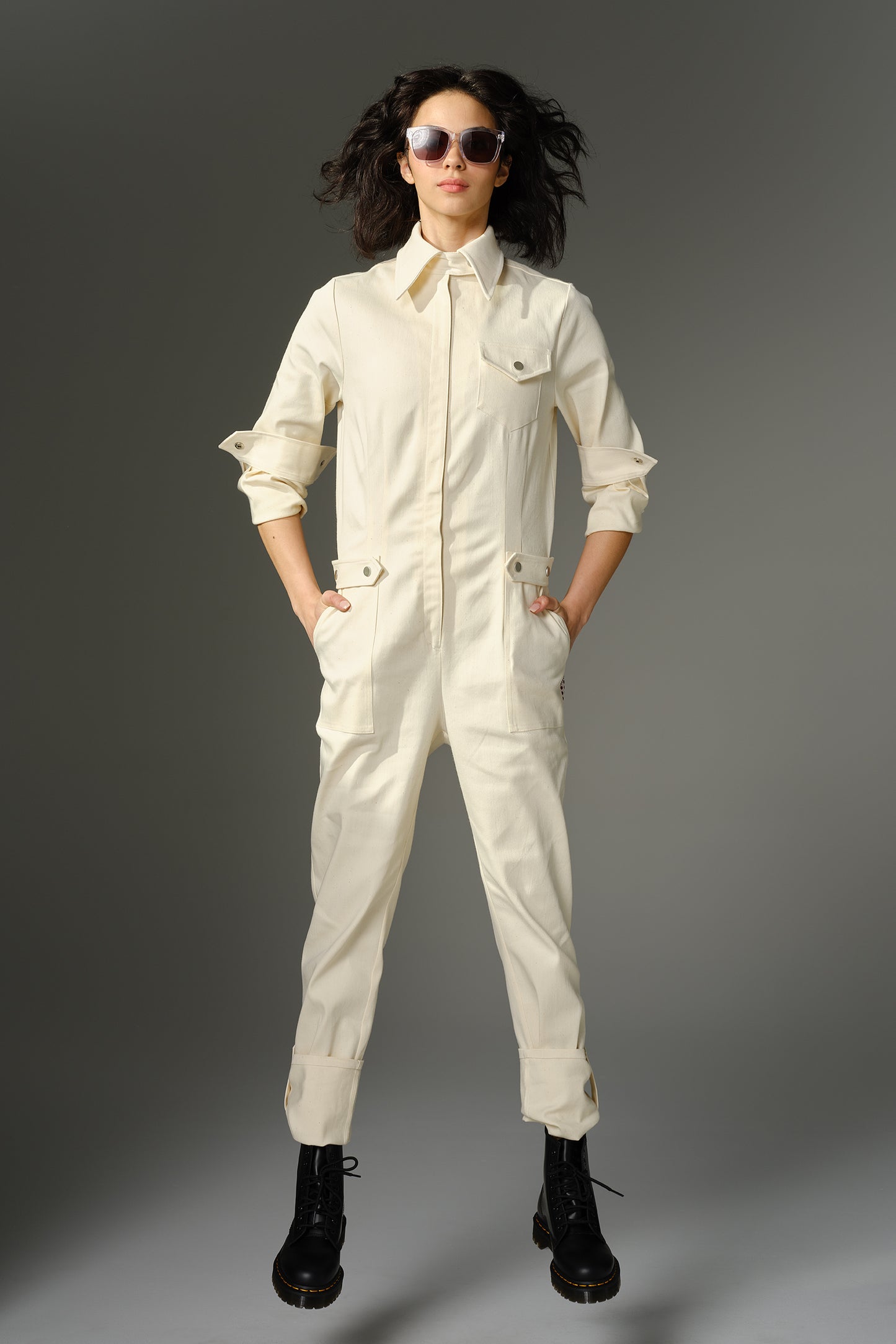 THE FEMININE WILDE Jumpsuit - Long Sleeve in Cream Stretch Denim