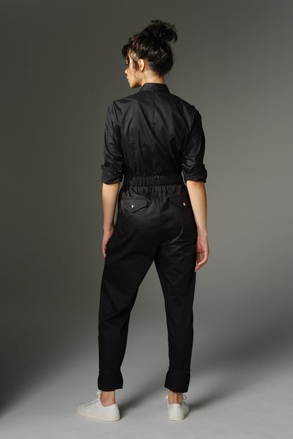 THE QUIMBY Jumpsuit - Long Sleeve in Black Cotton Stretch  Sateen