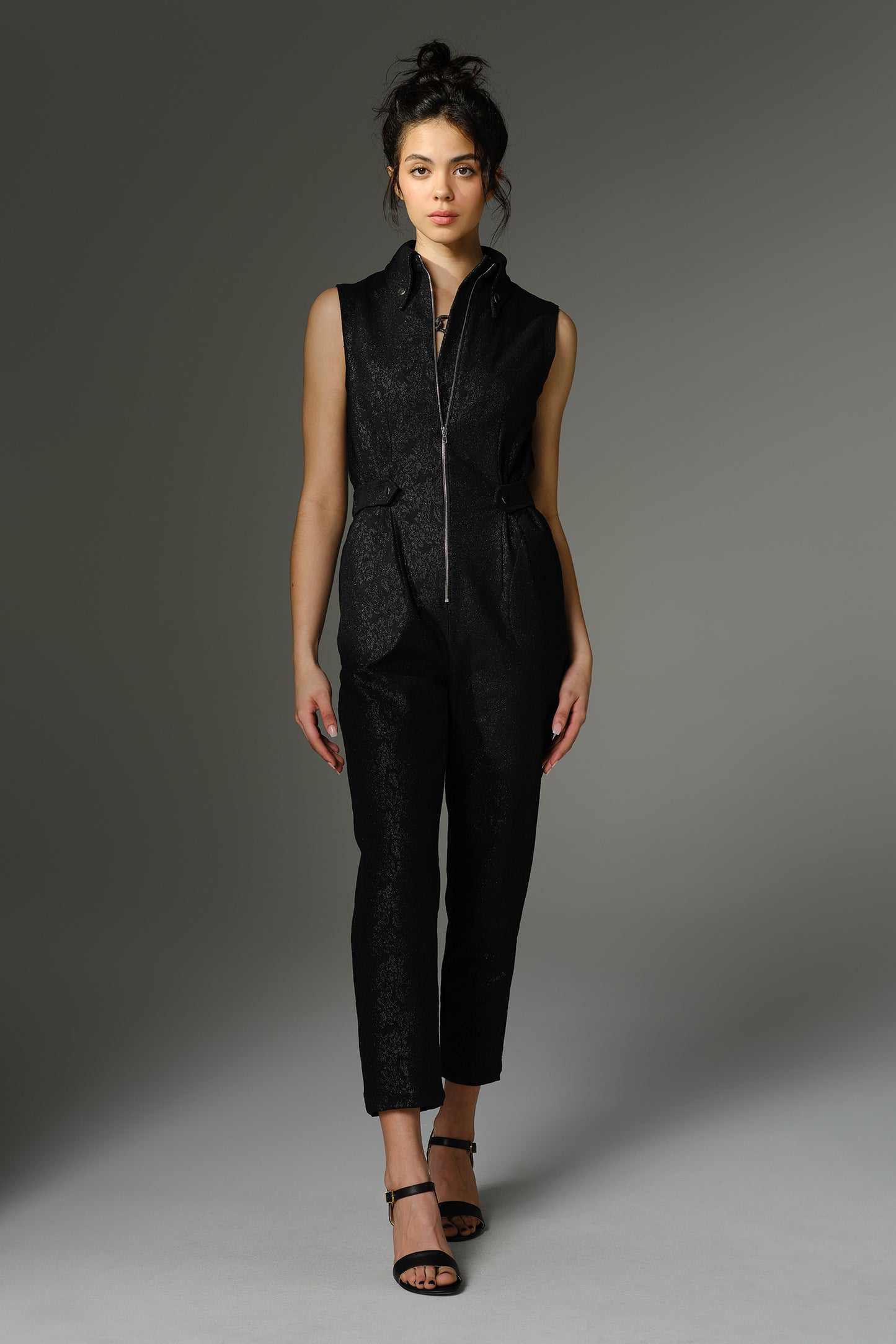 THE GIBSON Jumpsuit - Sleeveless in Black Stretch Metallic Brocade