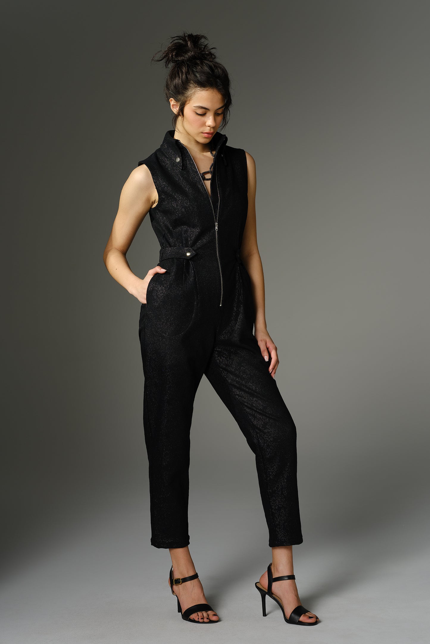 THE GIBSON Jumpsuit - Sleeveless in Black Stretch Metallic Brocade