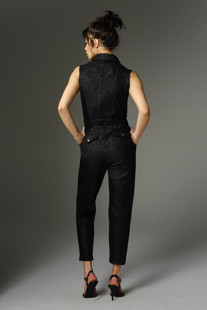 THE GIBSON Jumpsuit - Sleeveless in Black Stretch Metallic Brocade