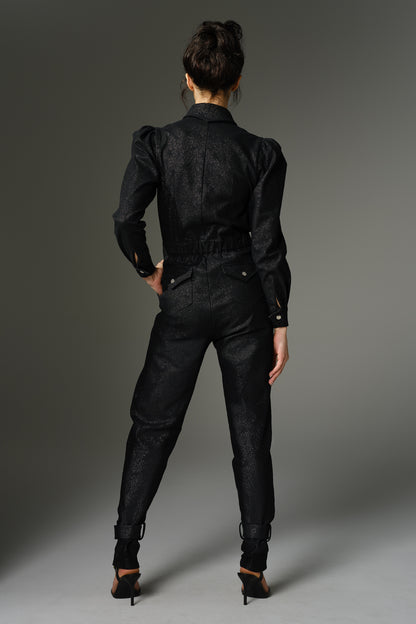 THE GIBSON Jumpsuit - Long Sleeve in Black Stretch Metallic Brocade