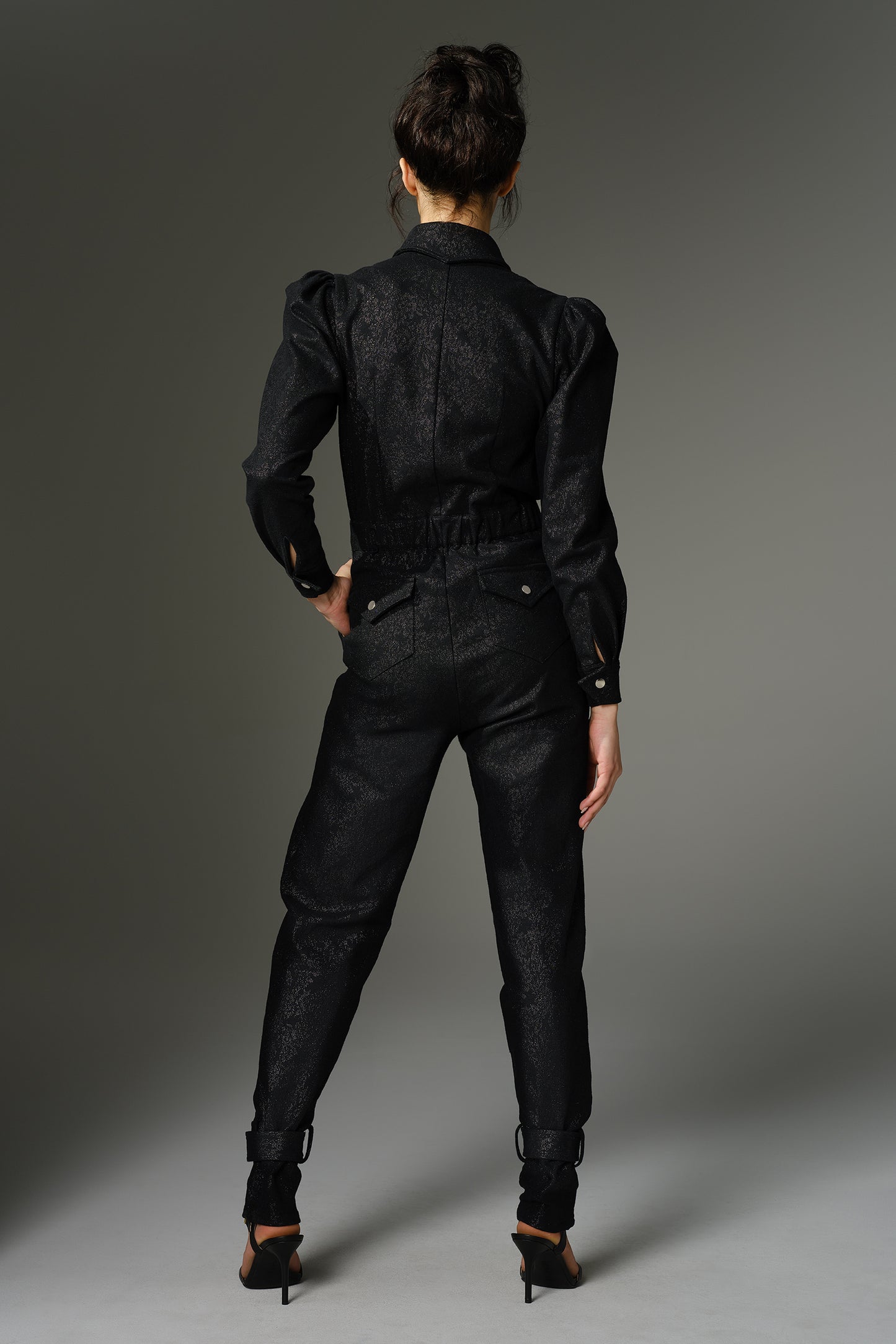 THE GIBSON Jumpsuit - Long Sleeve in Black Stretch Metallic Brocade