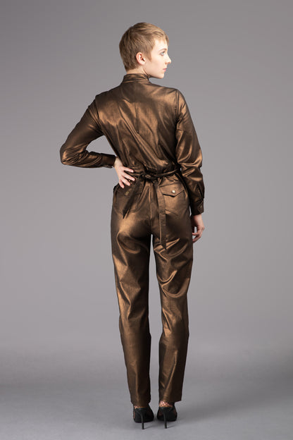 THE ALBERS Jumpsuit - Long Sleeve in Bronze Metallic Stretch Cotton