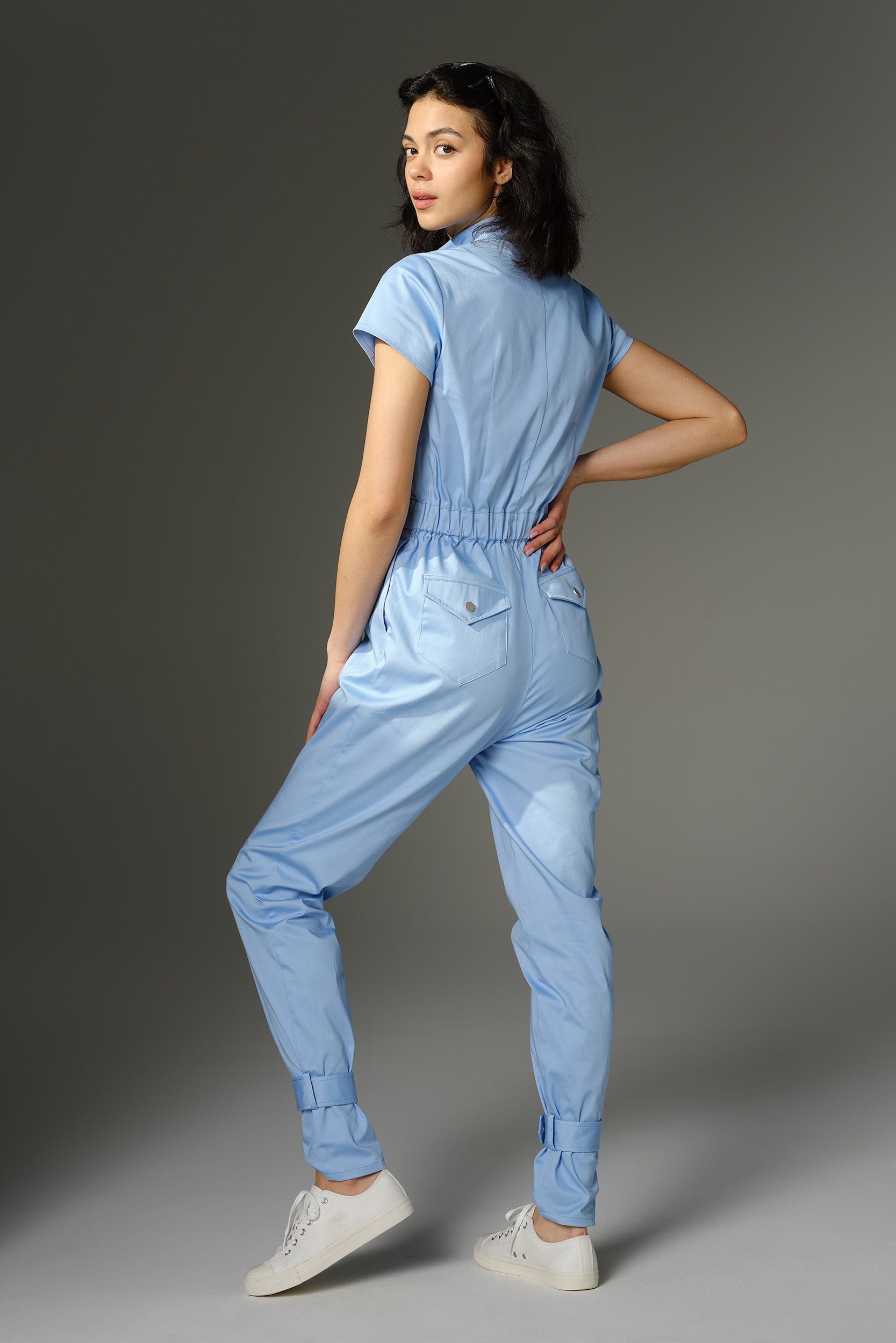 The Quimby Jumpsuit Short Sleeve Light Blue Cotton Sateen M