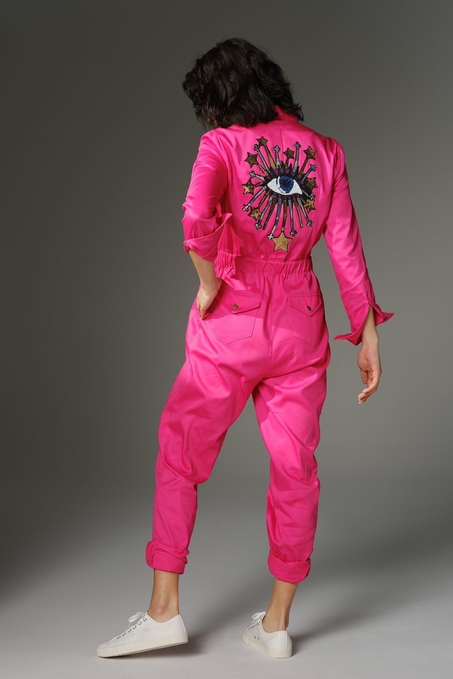 THE QUIMBY Jumpsuit - Long Sleeve Fuchsia with Sequin Eye Decal