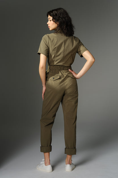 THE QUIMBY Jumpsuit - Short Sleeve Olive Japanese Seersucker