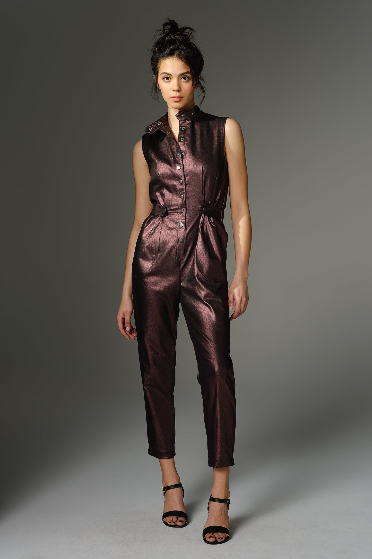 THE QUIMBY Jumpsuit - Sleeveless Plum Metallic Coated Stretch Cotton