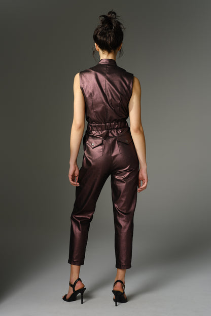 THE QUIMBY Jumpsuit - Sleeveless Plum Metallic Coated Stretch Cotton