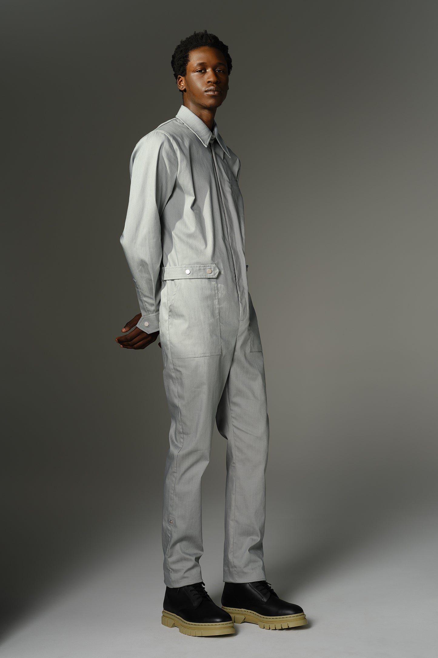 THE WILDE Jumpsuit - Long Sleeve in Grey Stretch Denim