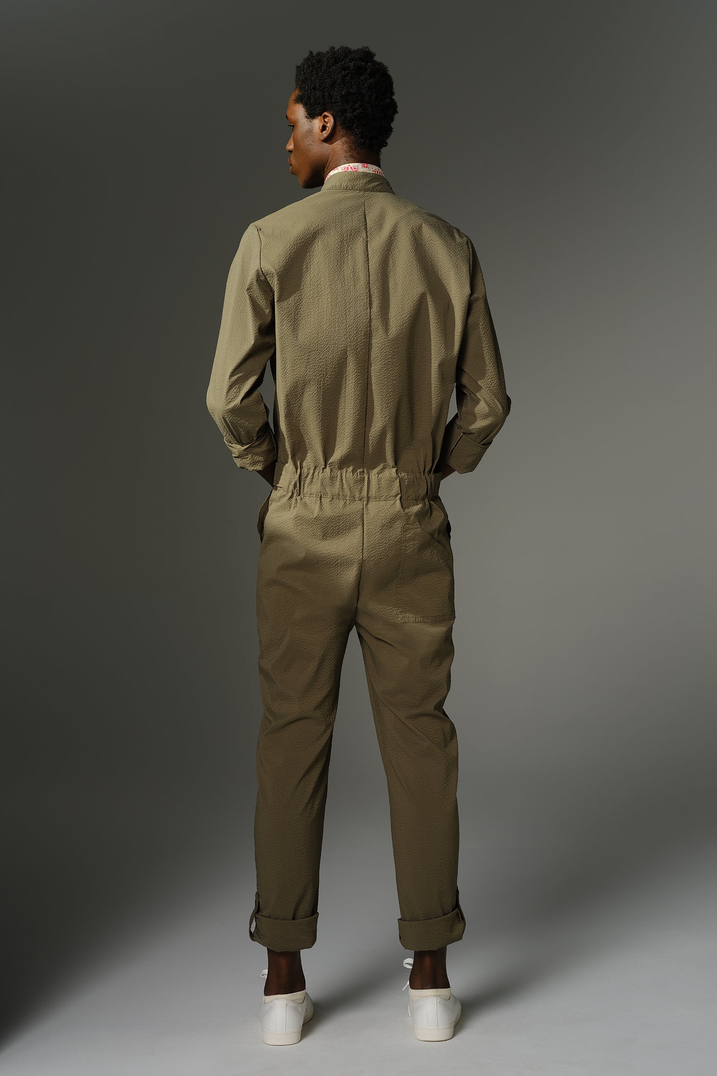 THE WILDE Jumpsuit - Long Sleeve in Olive Japanese Seersucker