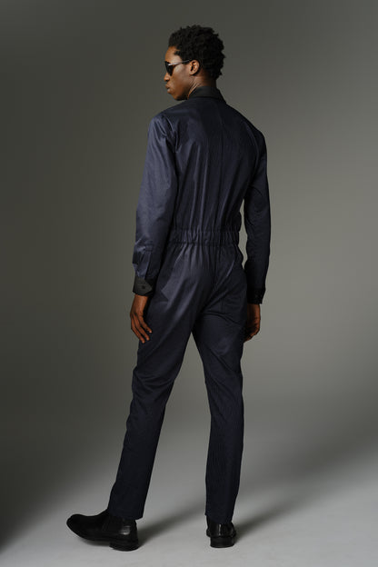 THE WILDE Jumpsuit - Long Sleeve in Deep Blue Pinstripe Cotton Sateen