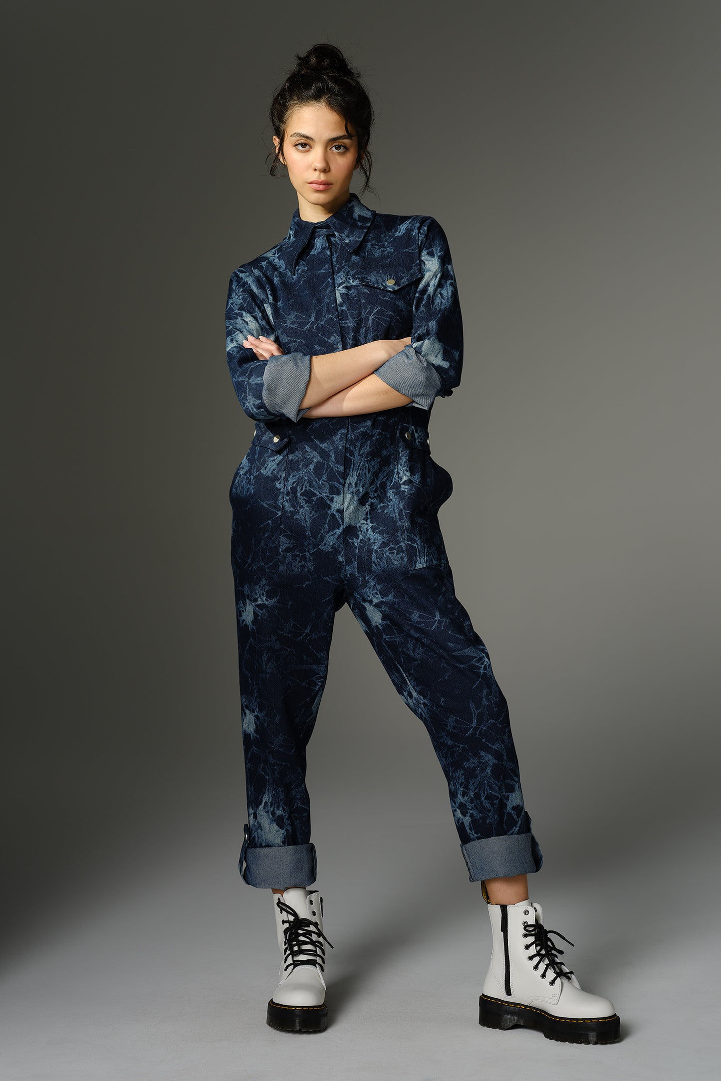 THE FEMININE WILDE Jumpsuit - Long Sleeve in Blue Splatter Print Denim