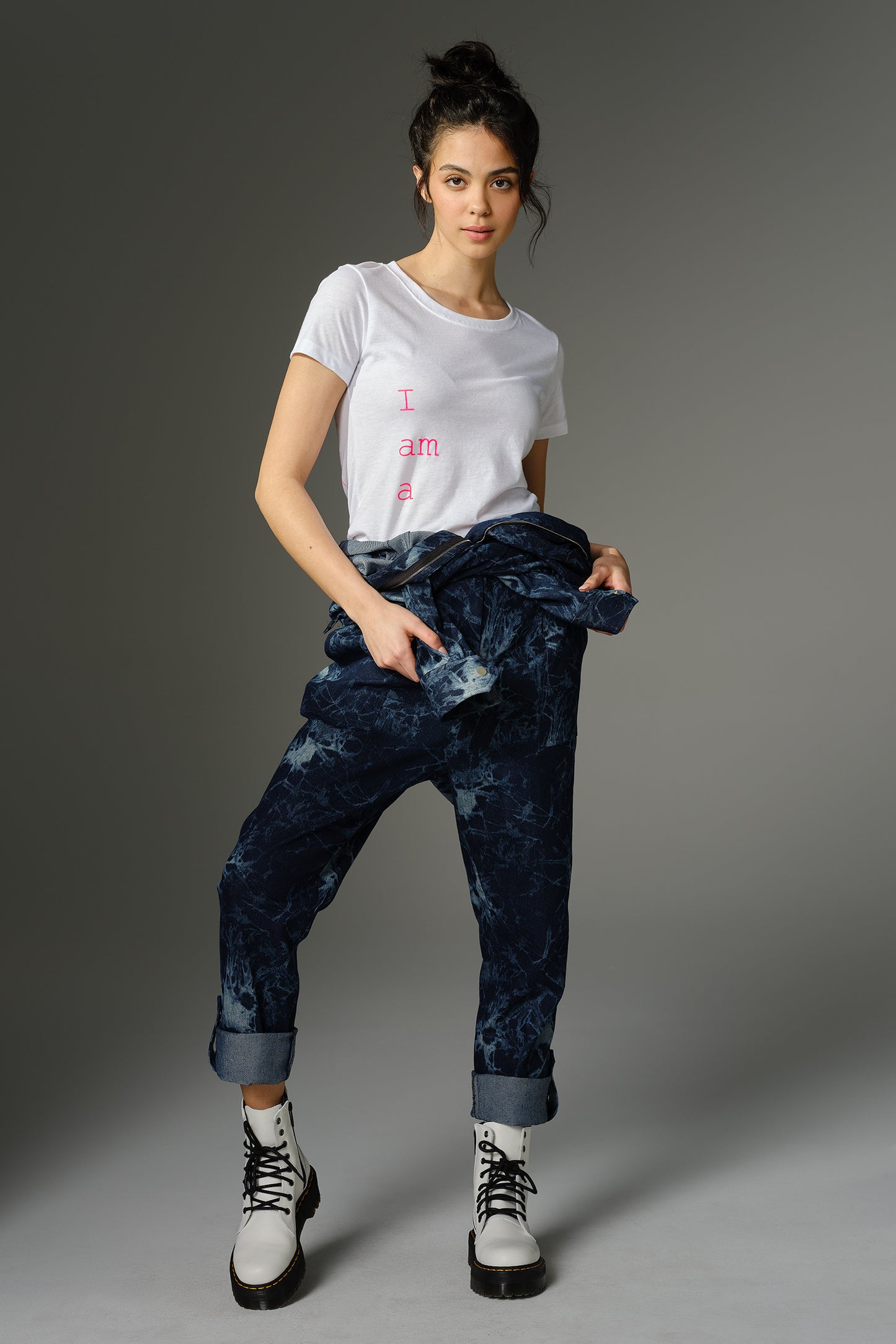 THE FEMININE WILDE Jumpsuit - Long Sleeve in Blue Splatter Print Denim