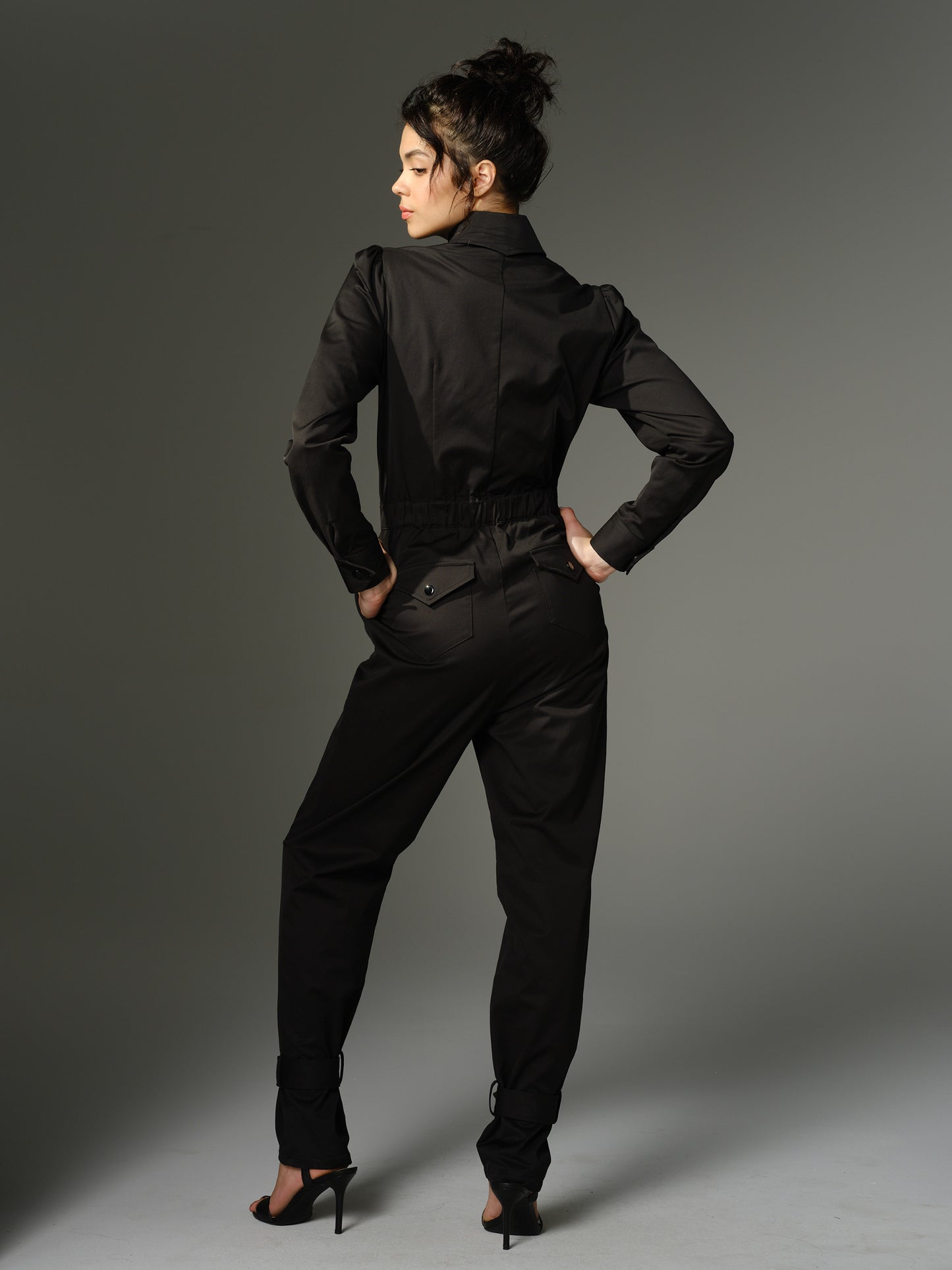 THE WOOLF Jumpsuit - Long Sleeve in Black Cotton Sateen