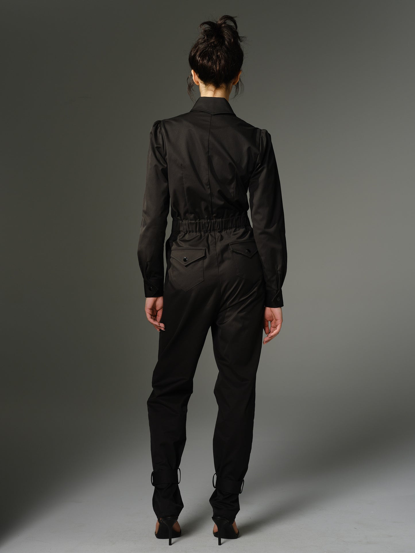 THE WOOLF Jumpsuit - Long Sleeve in Black Cotton Sateen