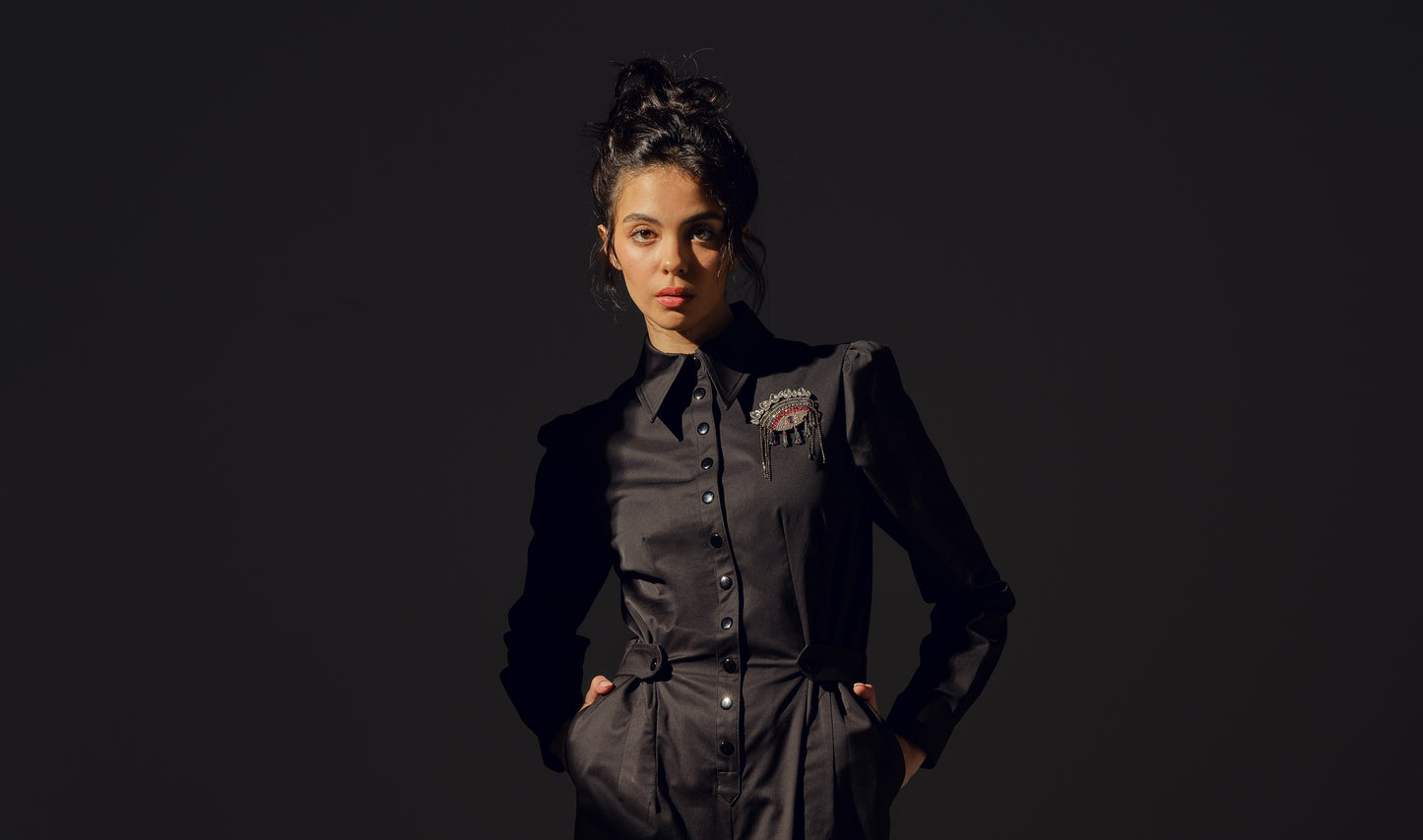 THE WOOLF Jumpsuit - Long Sleeve in Black Cotton Sateen
