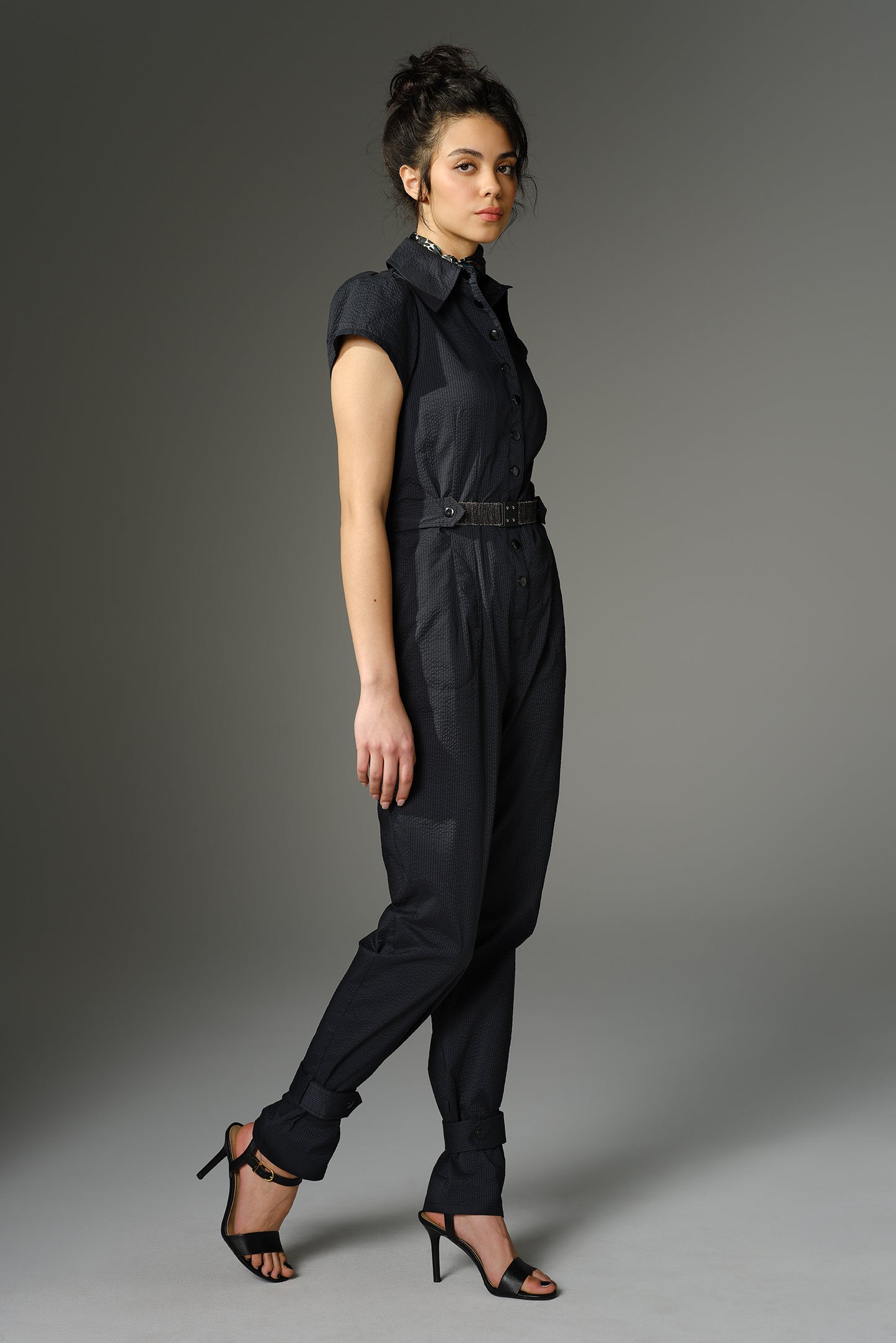 THE WOOLF Jumpsuit - Short Sleeve in Black Japanese Seersucker