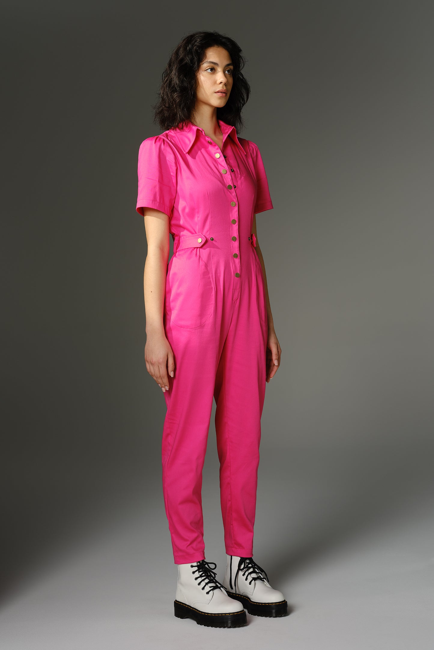 THE WOOLF Jumpsuit - Short Sleeve in Fuchsia Cotton Sateen