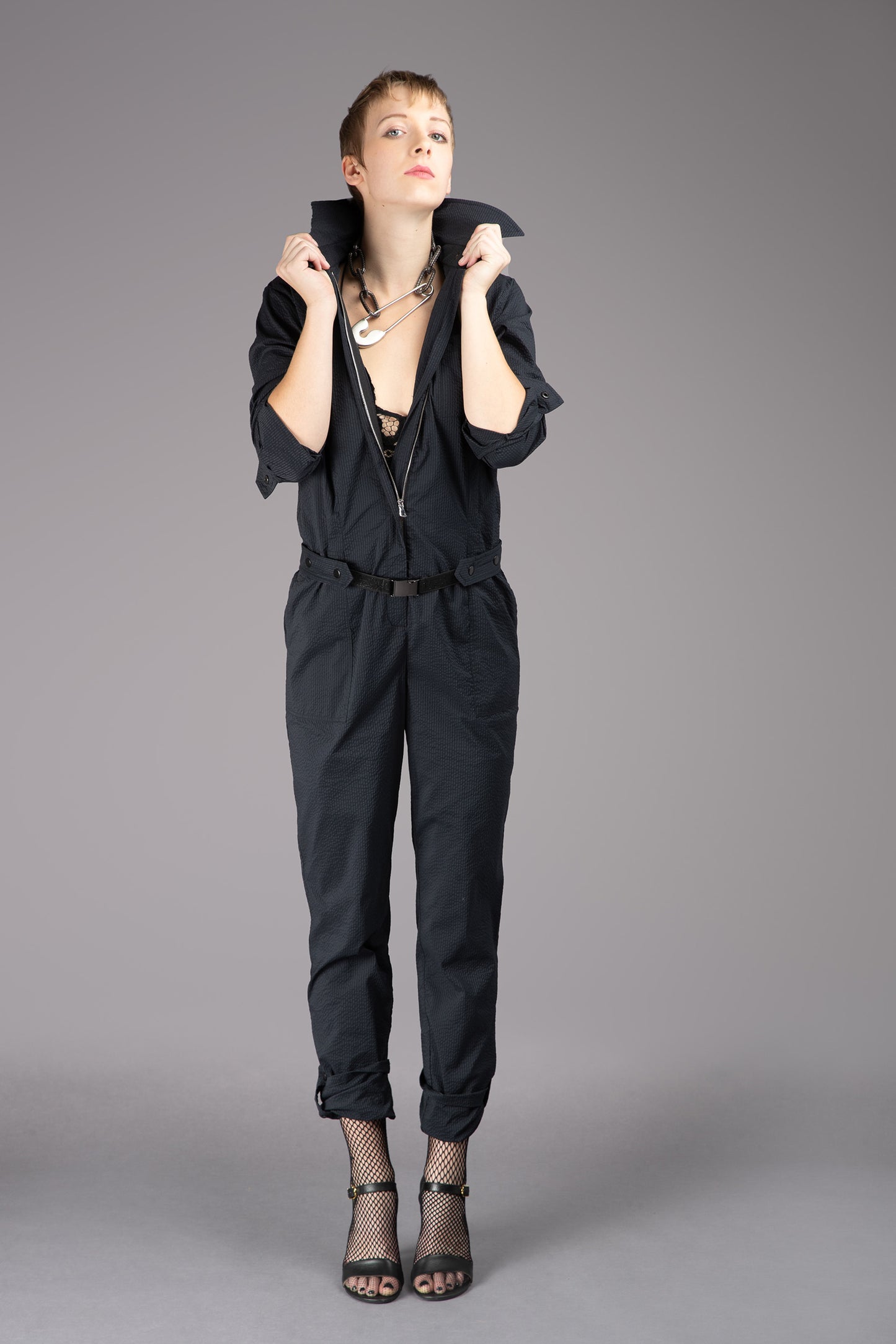 THE FEMININE WILDE Jumpsuit - Long Sleeve in Black Japanese Seersucker