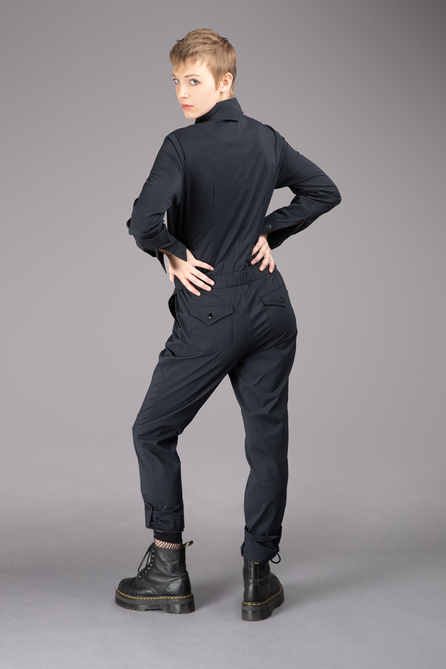 THE FEMININE WILDE Jumpsuit - Long Sleeve in Black Japanese Seersucker