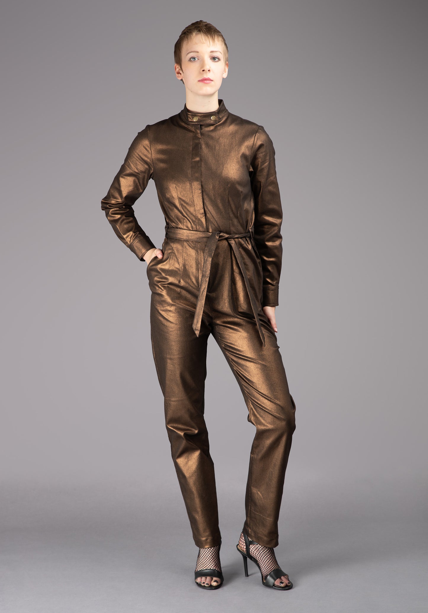 THE ALBERS Jumpsuit - Long Sleeve in Bronze Metallic Stretch Cotton