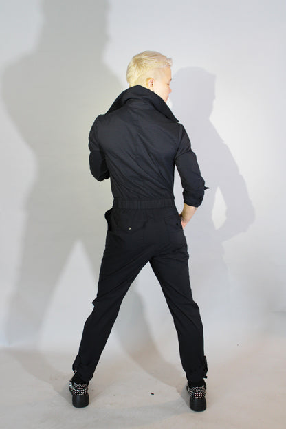 The Feminine WILDE Jumpsuit - Long Sleeve in Black Seersucker with Up-cycled "WOW" Tailcoat