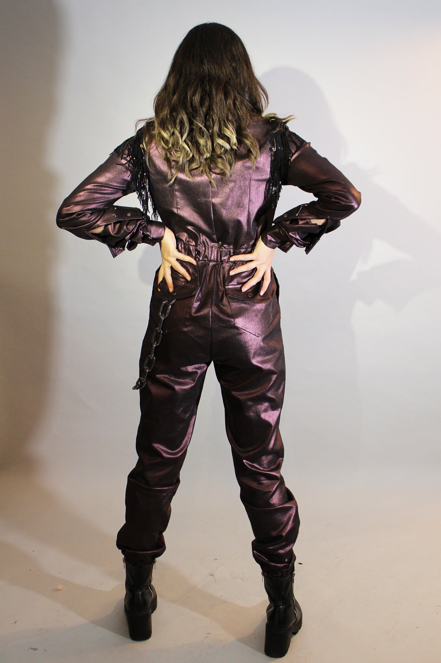 The Quimby Extended Sleeve Jumpsuit in Plum Metallic