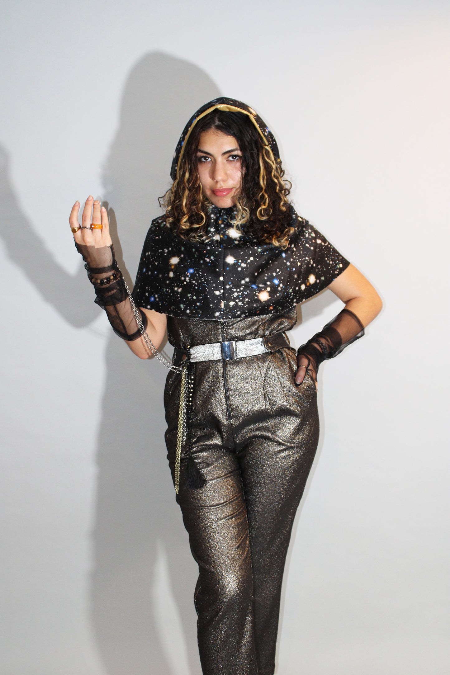 THE GIBSON Jumpsuit - Sleeveless in Antique Gold Metallic Stretch with Cosmic Hood