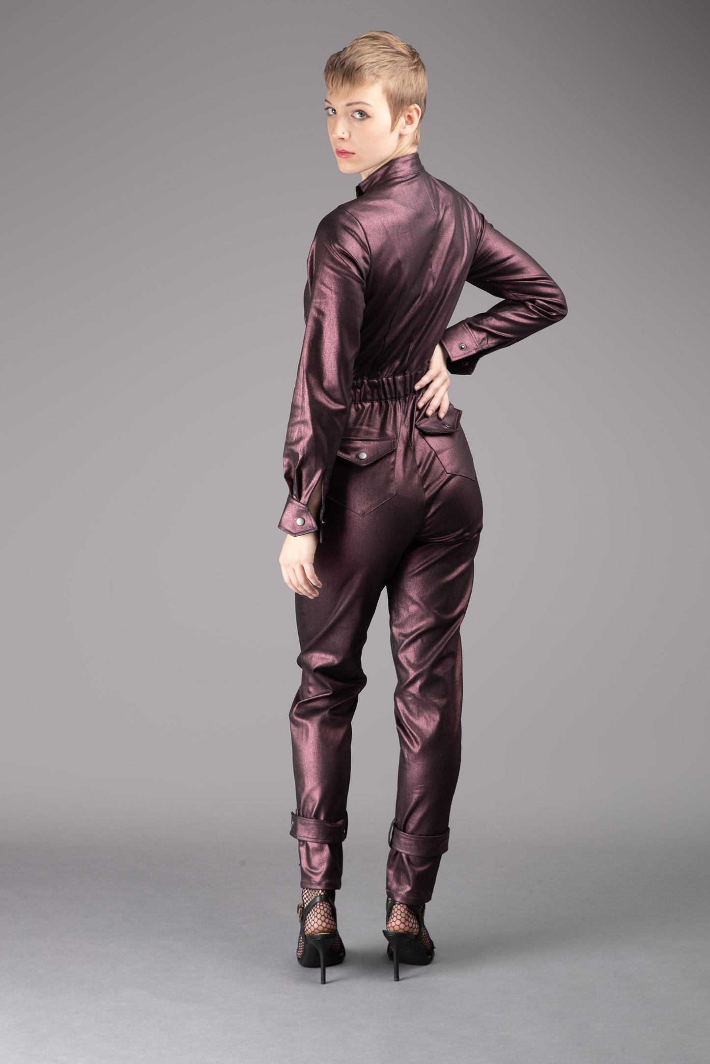 THE QUIMBY Jumpsuit - Long Sleeve in Plum Metallic Coated Stretch Cotton