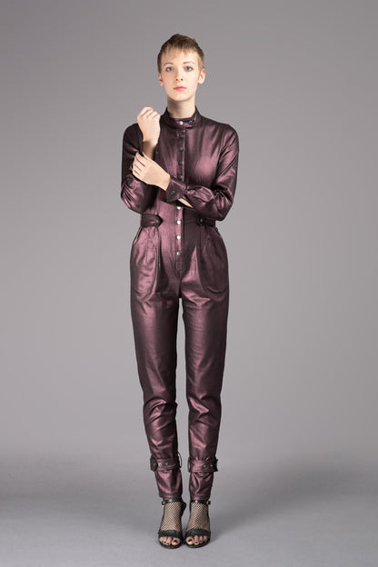 THE QUIMBY Jumpsuit - Long Sleeve in Plum Metallic Coated Stretch Cotton