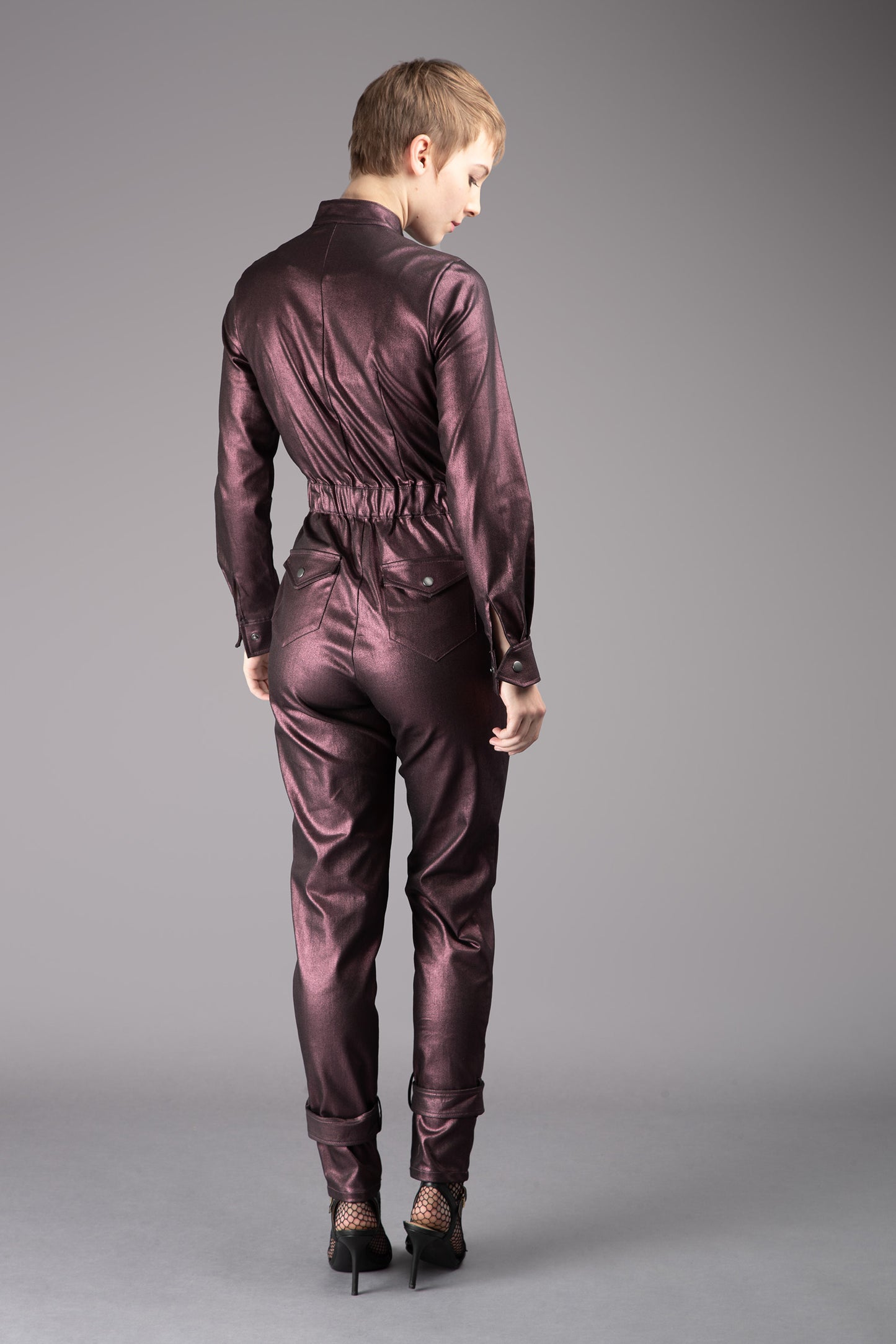 THE QUIMBY Jumpsuit - Long Sleeve in Plum Metallic Coated Stretch Cotton