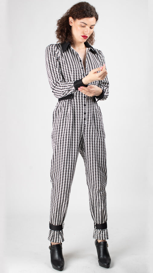 THE WOOLF Jumpsuit - Long Sleeve in Houndstooth Printed Stretch Cotton