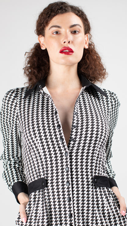 THE WOOLF Jumpsuit - Long Sleeve in Houndstooth Printed Stretch Cotton
